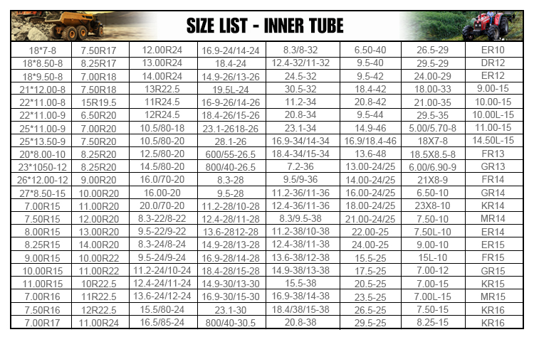 News - Florescence Inner Tube- Size List